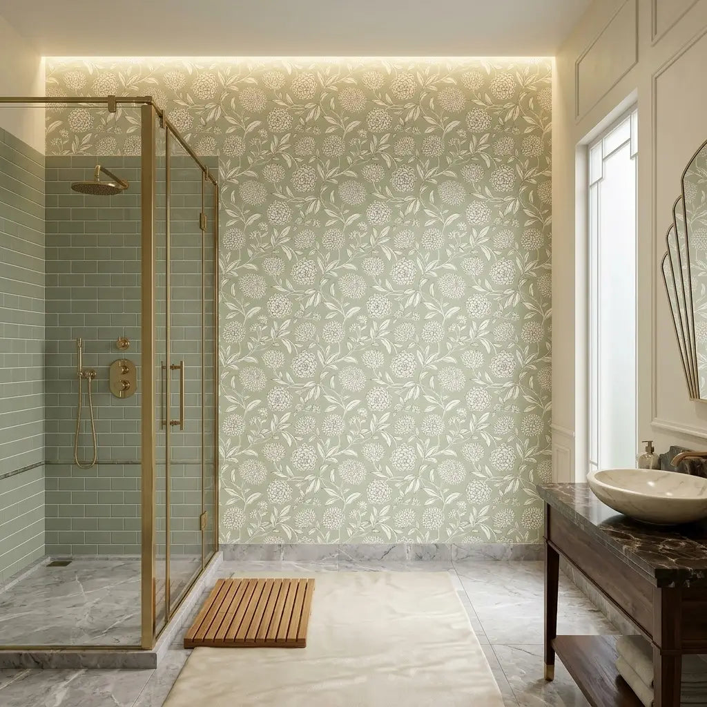 Bathroom - Elegant bathroom features 'Chatsworth Garden' wallpaper in green & white by York Wallcoverings.