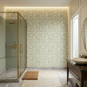 Bathroom - Elegant bathroom features 'Chatsworth Garden' wallpaper in green & white by York Wallcoverings.