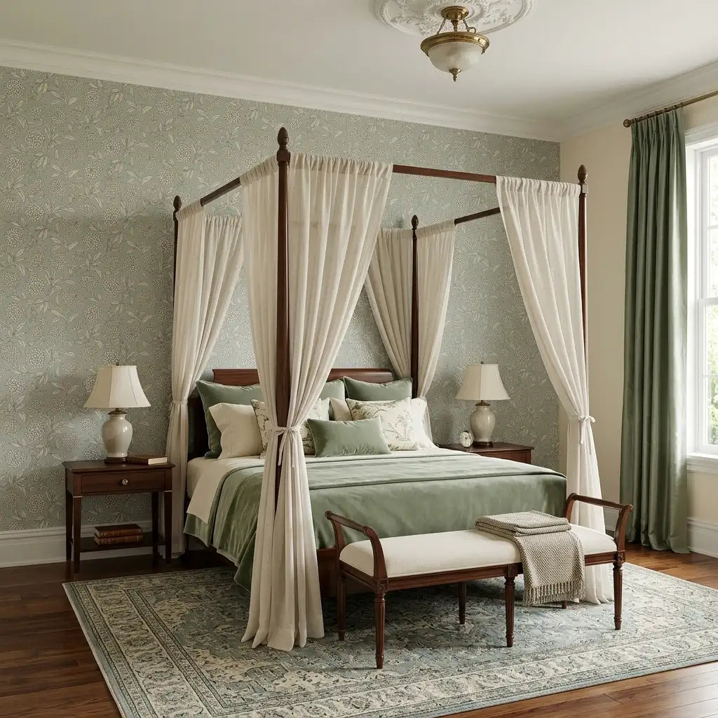 Bedroom - Elegant bedroom features blue and white Chatsworth Garden wallpaper by York Wallcoverings, creating a serene botanical retreat.