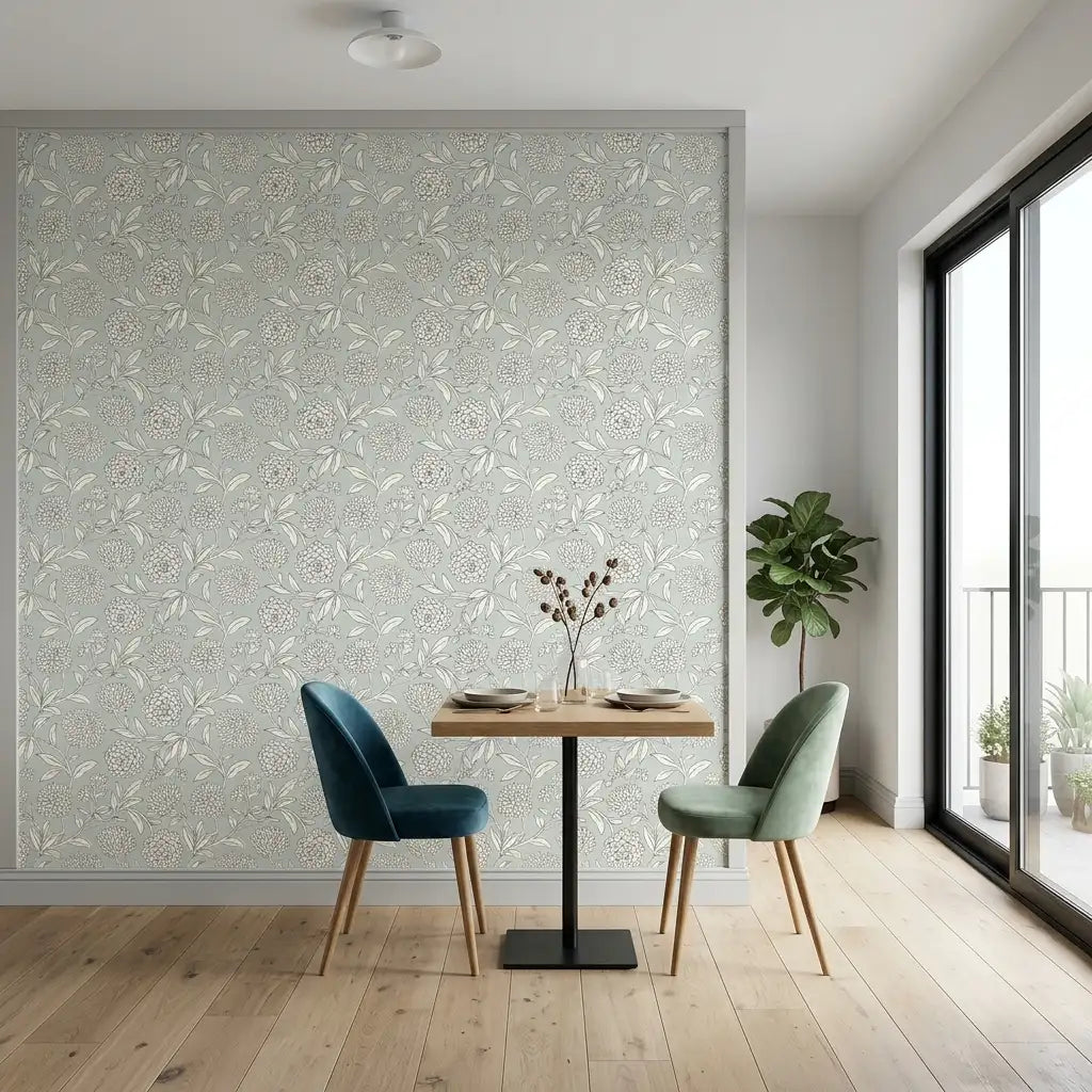 Dining Room - Elegant space featuring Chatsworth Garden wallpaper in Blue, White by York Wallcoverings.