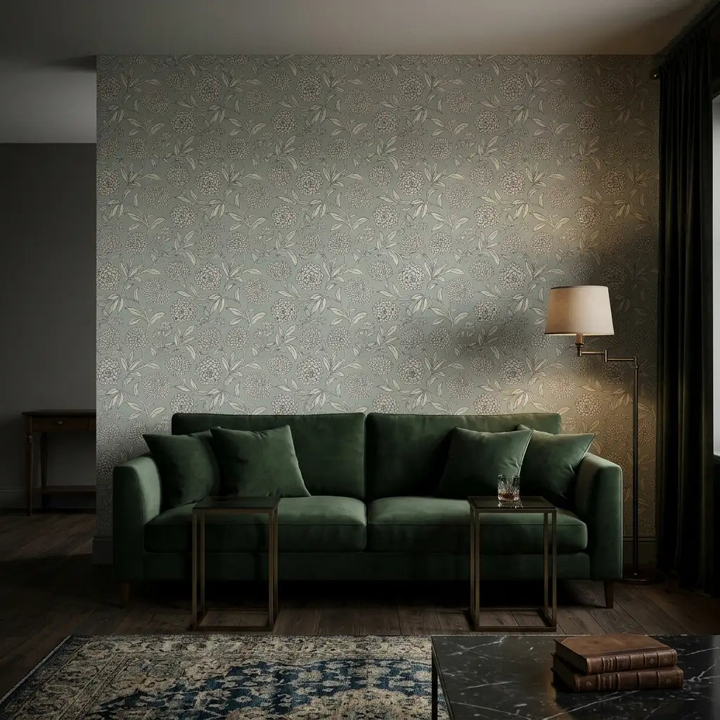 Living Room - Serene living area showcasing "Chatsworth Garden" wallpaper in Blue, White by York Wallcoverings.
