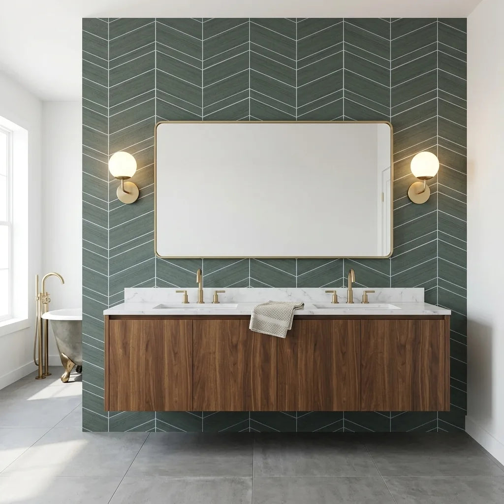 Bathroom - Modern design showcasing Taupe Chevron Abaca wallpaper by York Wallcoverings for a sophisticated, textured look.
