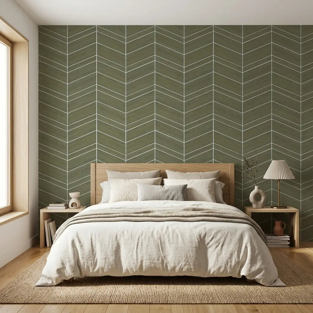 Bedroom - Elegant bedroom featuring York Wallcoverings' "Chevron Abaca" wallpaper in Taupe, creating a sophisticated and textured look.