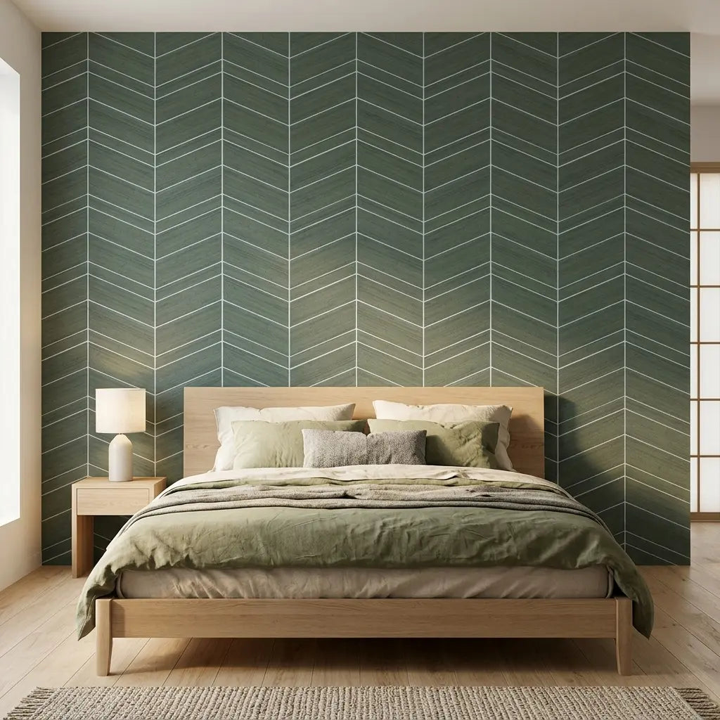 Bedroom - Stylish room with Taupe Chevron Abaca wallpaper by York Wallcoverings, adding texture and modern design.