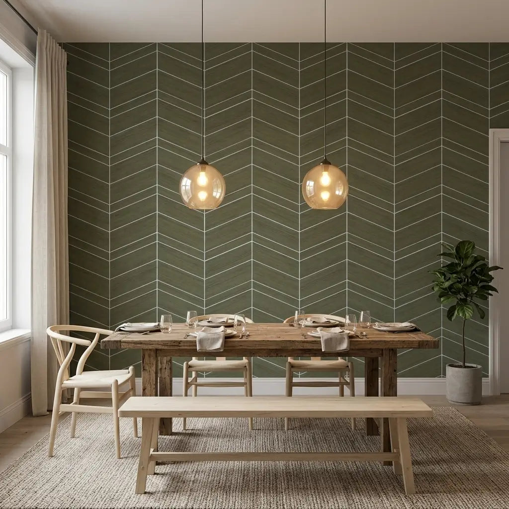 Dining Room - Elegant dining space featuring Taupe Chevron Abaca wallpaper by York Wallcoverings for a stylish and textured look.