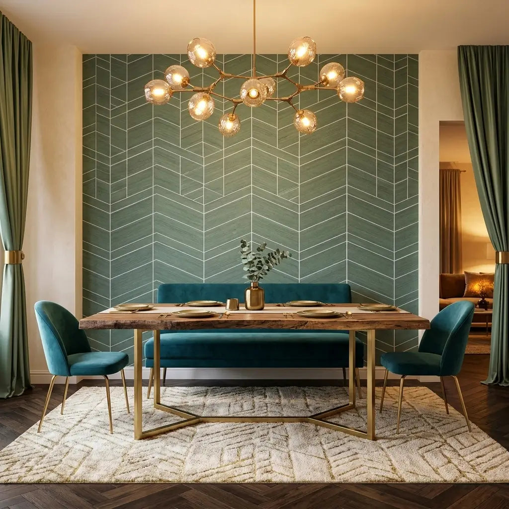 Dining Room - Modern dining space with elegant Taupe Chevron Abaca wallpaper by York Wallcoverings.