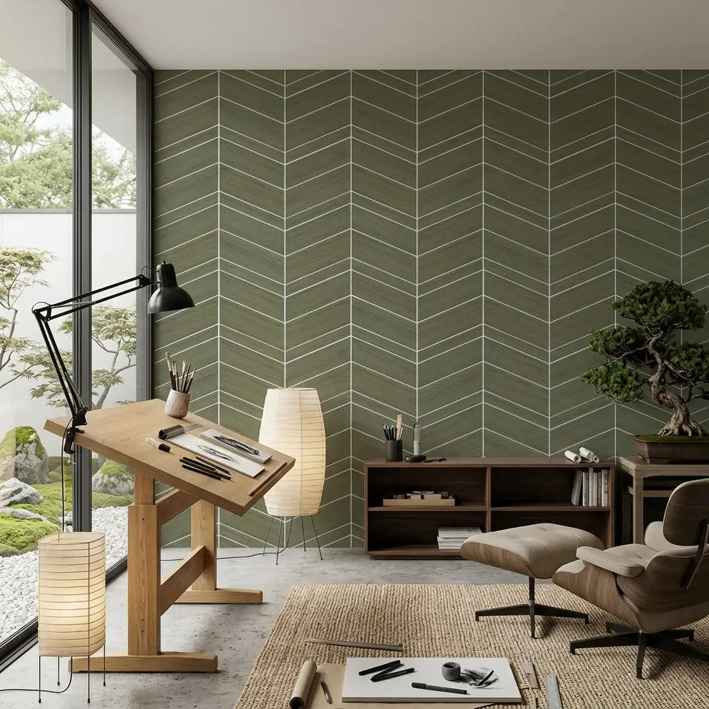 Home Office - Elegant home office showcases stunning Taupe Chevron Abaca wallpaper by York Wallcoverings, creating a serene and stylish workspace.