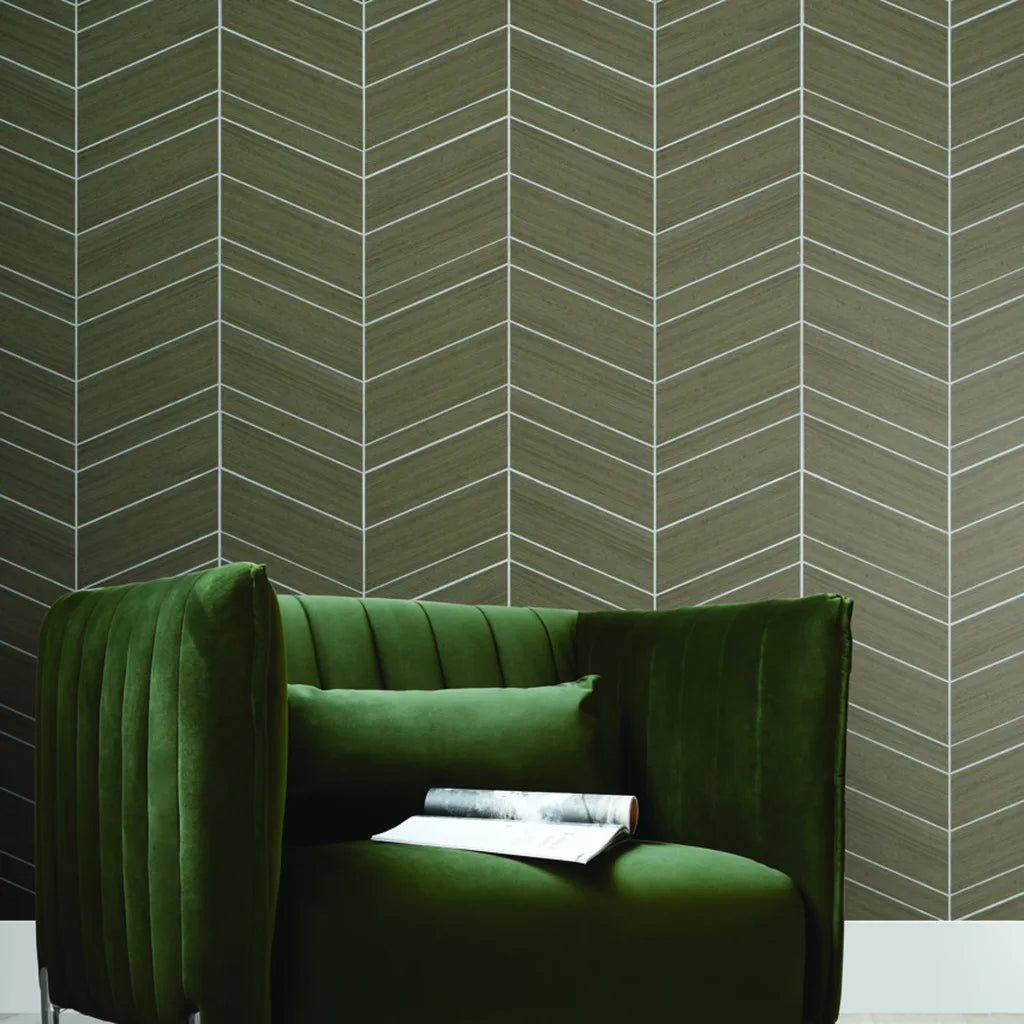 Elegant living room featuring Taupe Chevron Abaca wallpaper by York Wallcoverings, adding sophisticated texture and style.