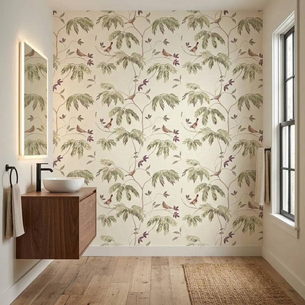 Bathroom - Elegant bathroom showcasing Cillian wallpaper by York Wallcoverings, featuring a stunning Green, Purple, and Cream design.