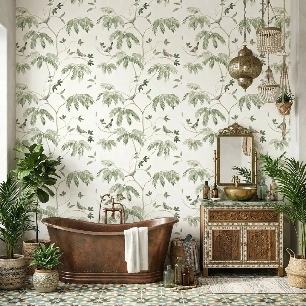 Bathroom - Features elegant 'Cillian' wallpaper by York Wallcoverings in a fresh Sage, Green, and White color palette.