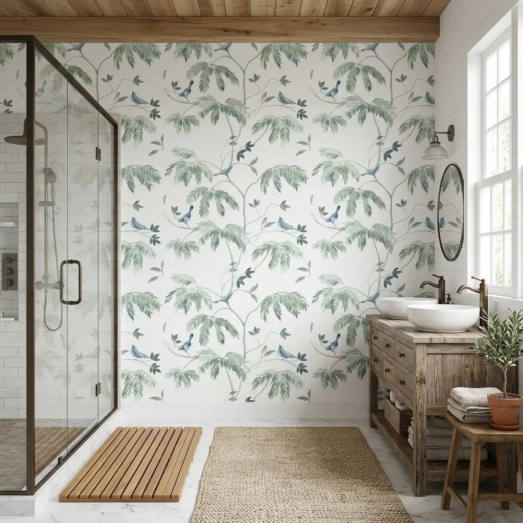 Bathroom - Cillian blue, green, white wallpaper by York Wallcoverings creates a serene and stylish space.
