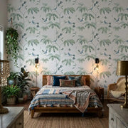 Bedroom - York Wallcoverings' Cillian wallpaper in blue, green, and white creates a serene and elegant space.