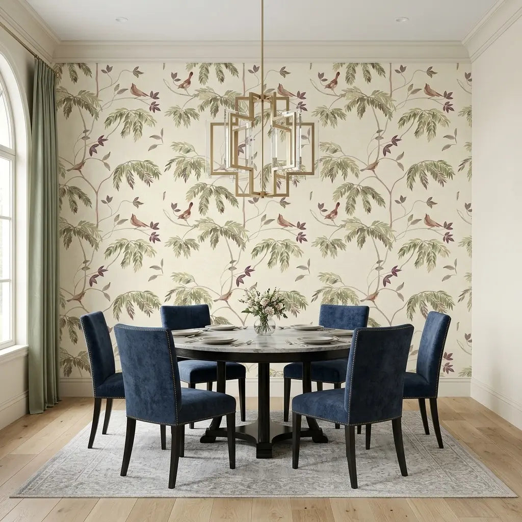 Dining Room - Elegant dining room showcasing Cillian wallpaper in Green, Purple, Cream by York Wallcoverings.