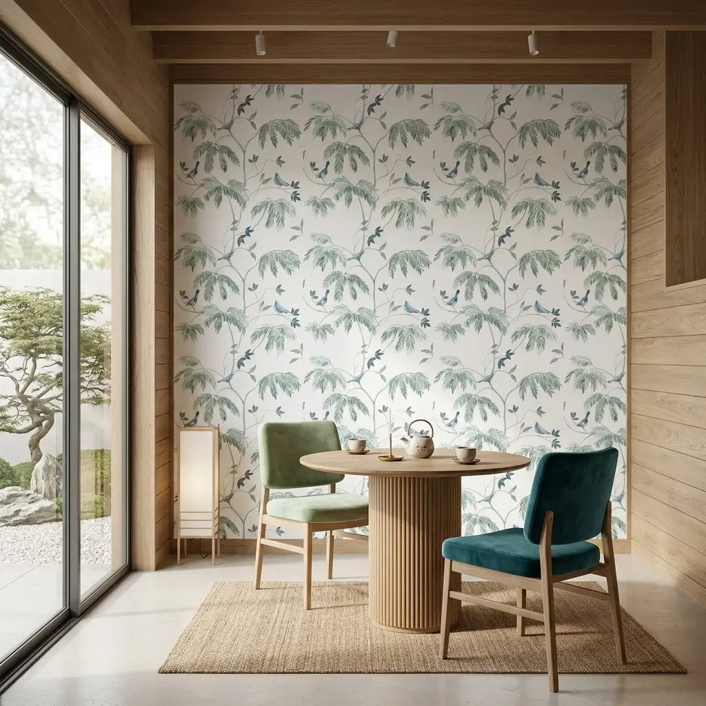 Dining Room - Elegant dining space with Cillian wallpaper in blue, green, and white by York Wallcoverings.