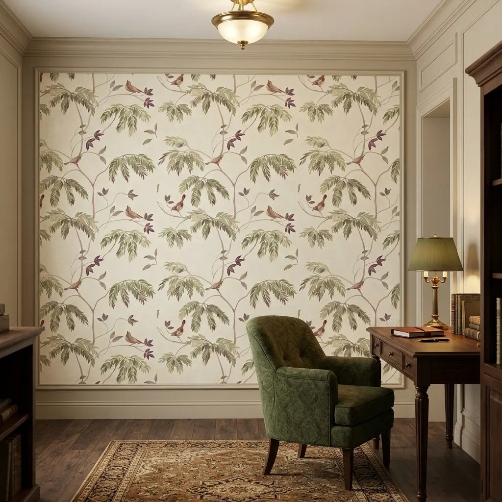 Home Office - Cillian wallpaper by York Wallcoverings in green, purple & cream creates an elegant, inspiring workspace.