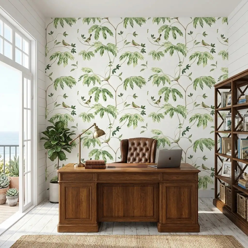 Home Office - Stylish workspace with 'Cillian' wallpaper in Green, White by York Wallcoverings, creating a vibrant and productive atmosphere.