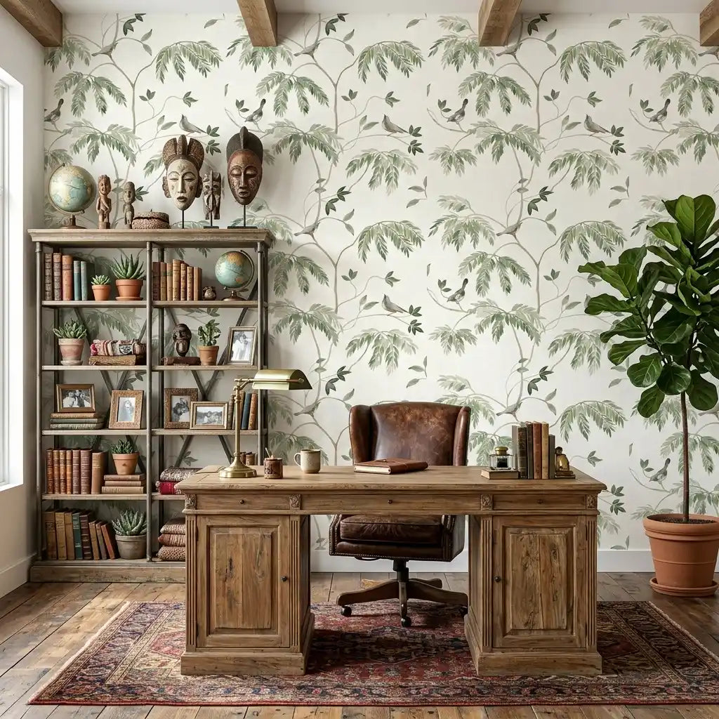 Home Office - Sage, Green, White Cillian wallpaper by York Wallcoverings creates a calm, stylish workspace with a modern feel.
