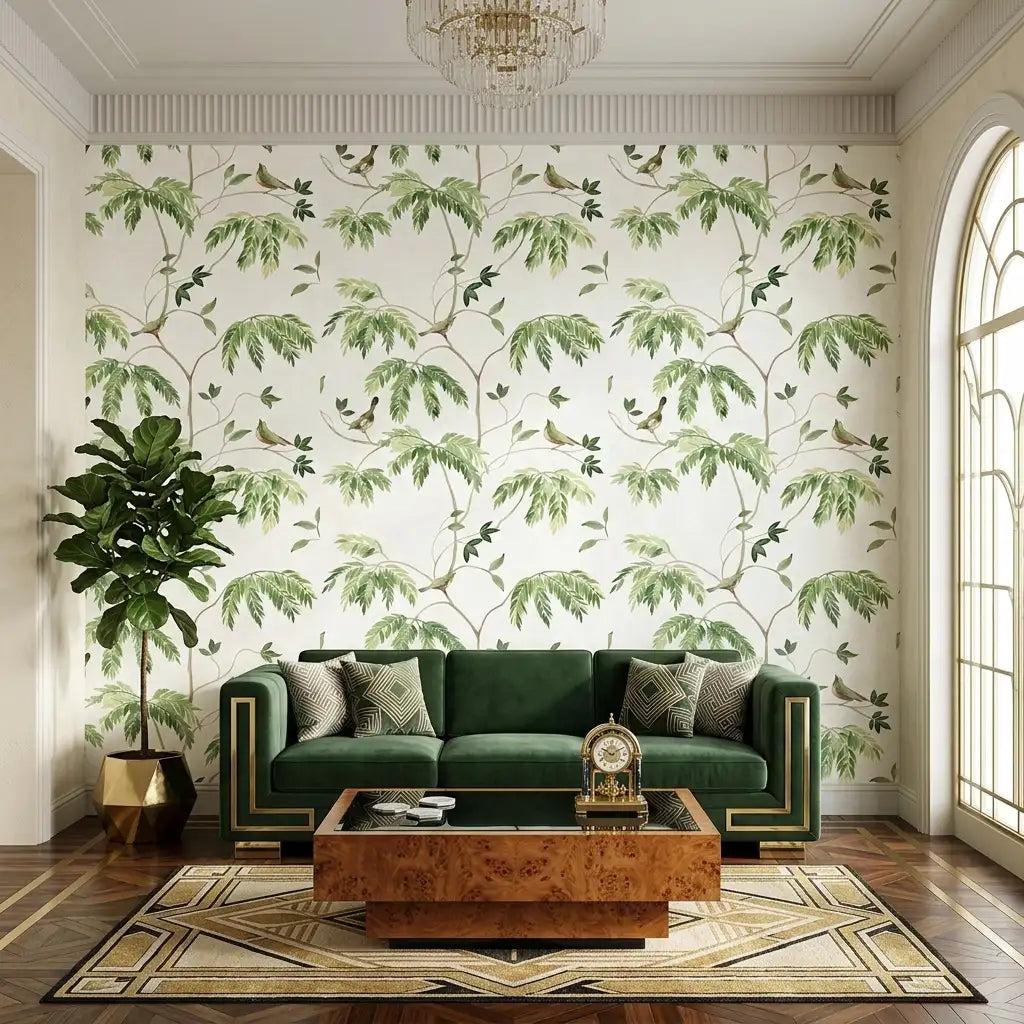 Living Room - Cillian green and white wallpaper by York Wallcoverings elevates this modern living room design.