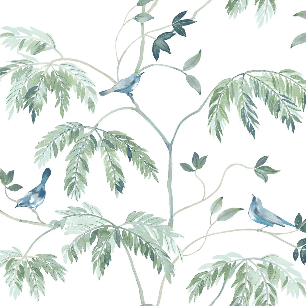 Blue, green, and white Cillian wallpaper pattern swatch from York Wallcoverings.