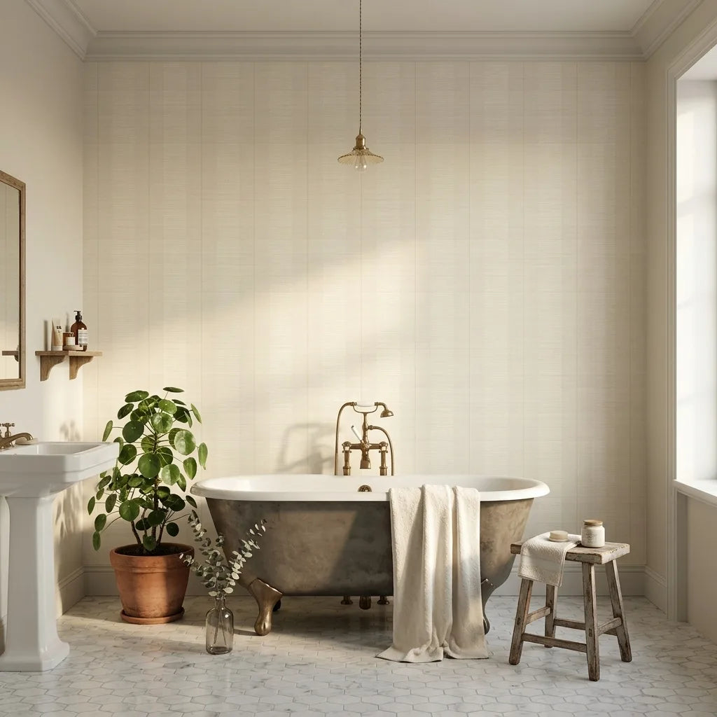 Bathroom - Stylish bathroom showcasing York Wallcoverings' Colbert Stripe wallpaper in a classic Cream and White vertical pattern.