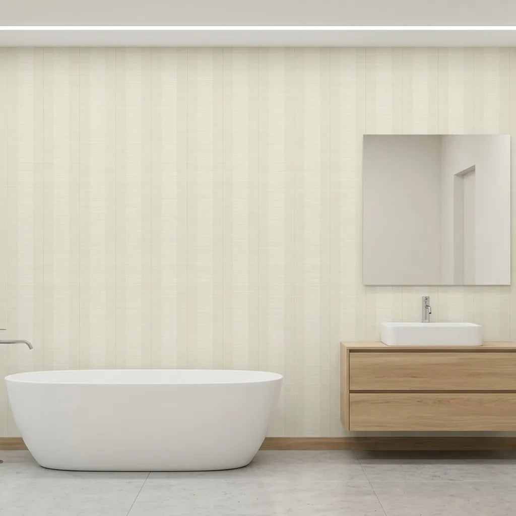 Bathroom - Elegant bathroom features Colbert Stripe wallpaper in White, Cream by York Wallcoverings, adding classic style.