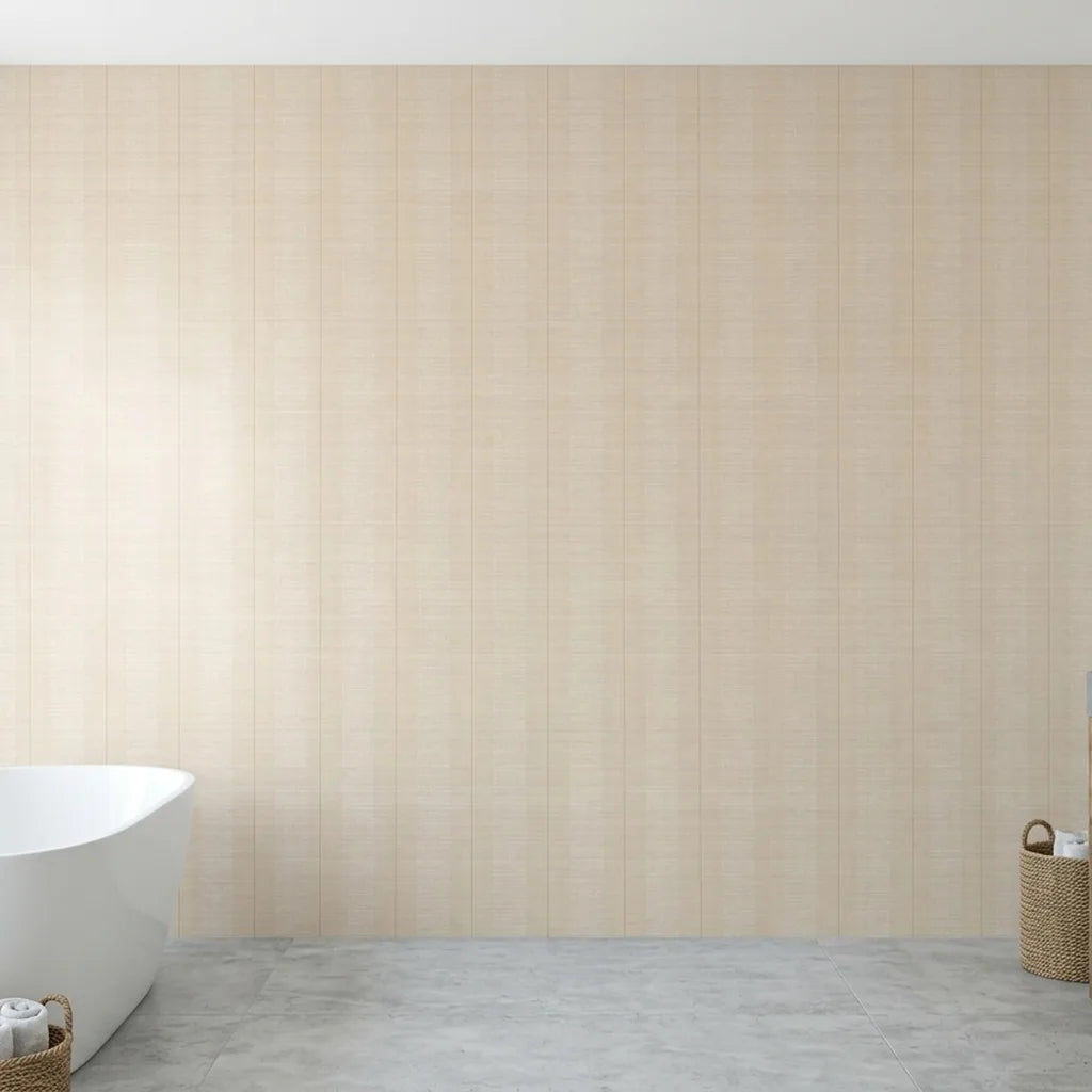 Bathroom - Features York Wallcoverings' Colbert Stripe wallpaper in a stylish Tan, Cream, and Gold color palette.