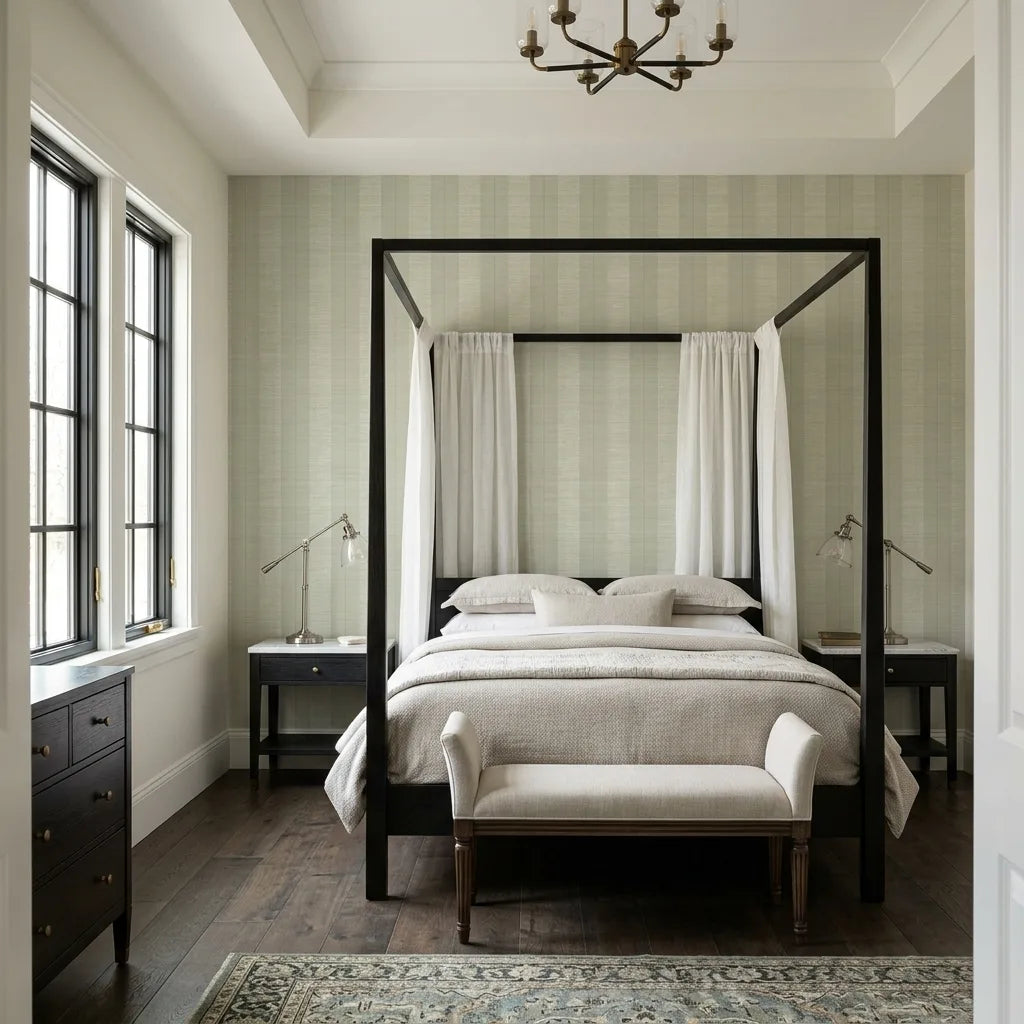 Bedroom - Elegant bedroom featuring York Wallcoverings' Colbert Stripe wallpaper in a beautiful Sage, Cream, and Gold palette.