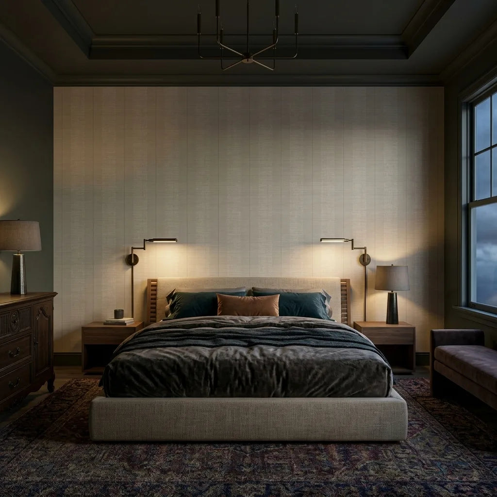 Bedroom - Elegant room with York Wallcoverings Colbert Stripe wallpaper in Linen, Cream, creating a serene and stylish atmosphere.