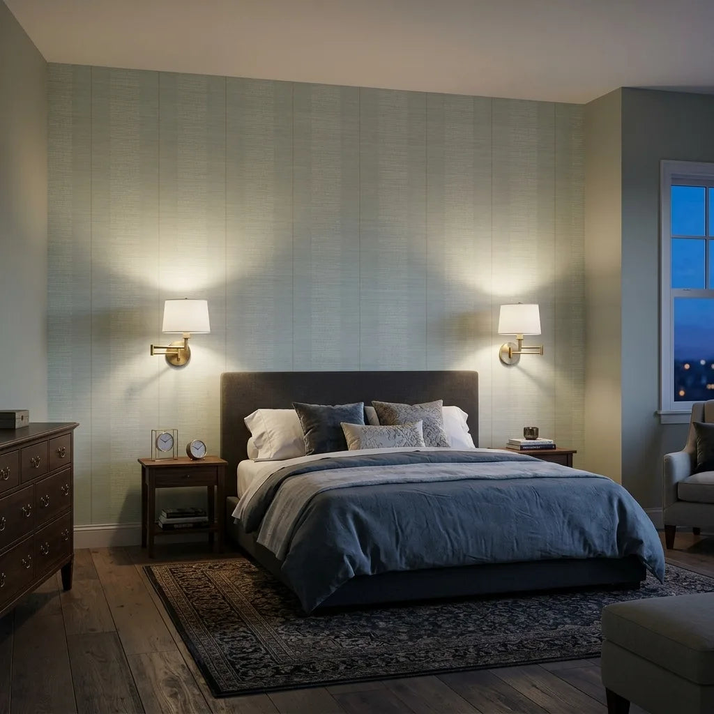 Bedroom - Elegant space featuring York Wallcoverings' Colbert Stripe wallpaper in Mint, Cream, perfect for a tranquil design.