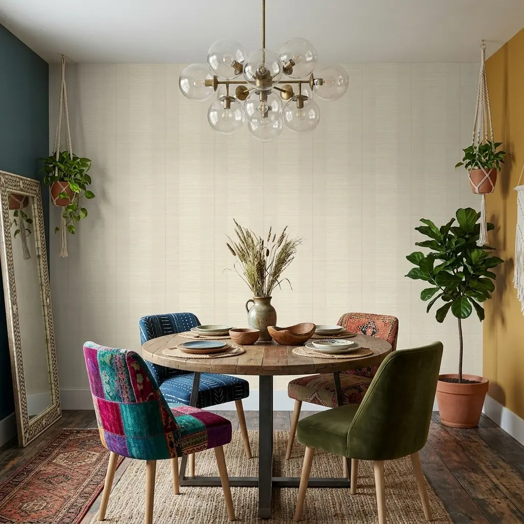 Dining Room - features Cream, White Colbert Stripe wallpaper by York Wallcoverings, offering a bright and sophisticated design.