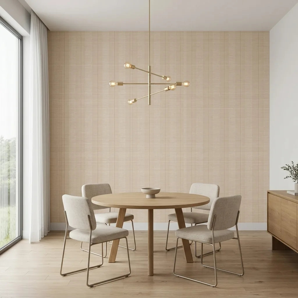 Dining Room - Colbert Stripe wallpaper in Tan, Cream, Gold by York Wallcoverings adds sophisticated warmth to this elegant dining space.