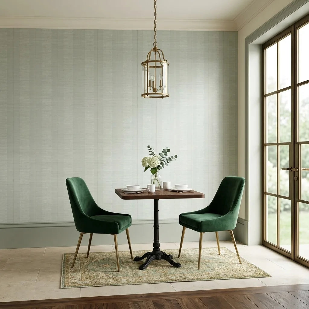 Dining Room - Features stunning York Wallcoverings 'Colbert Stripe' wallpaper in fresh Mint and Cream.