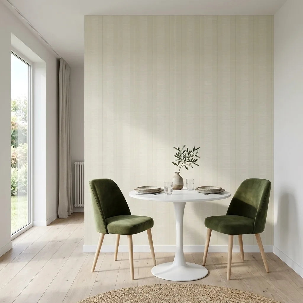 Dining Room - Elegant dining room featuring York Wallcoverings' Colbert Stripe wallpaper in a sophisticated White and Cream pattern.