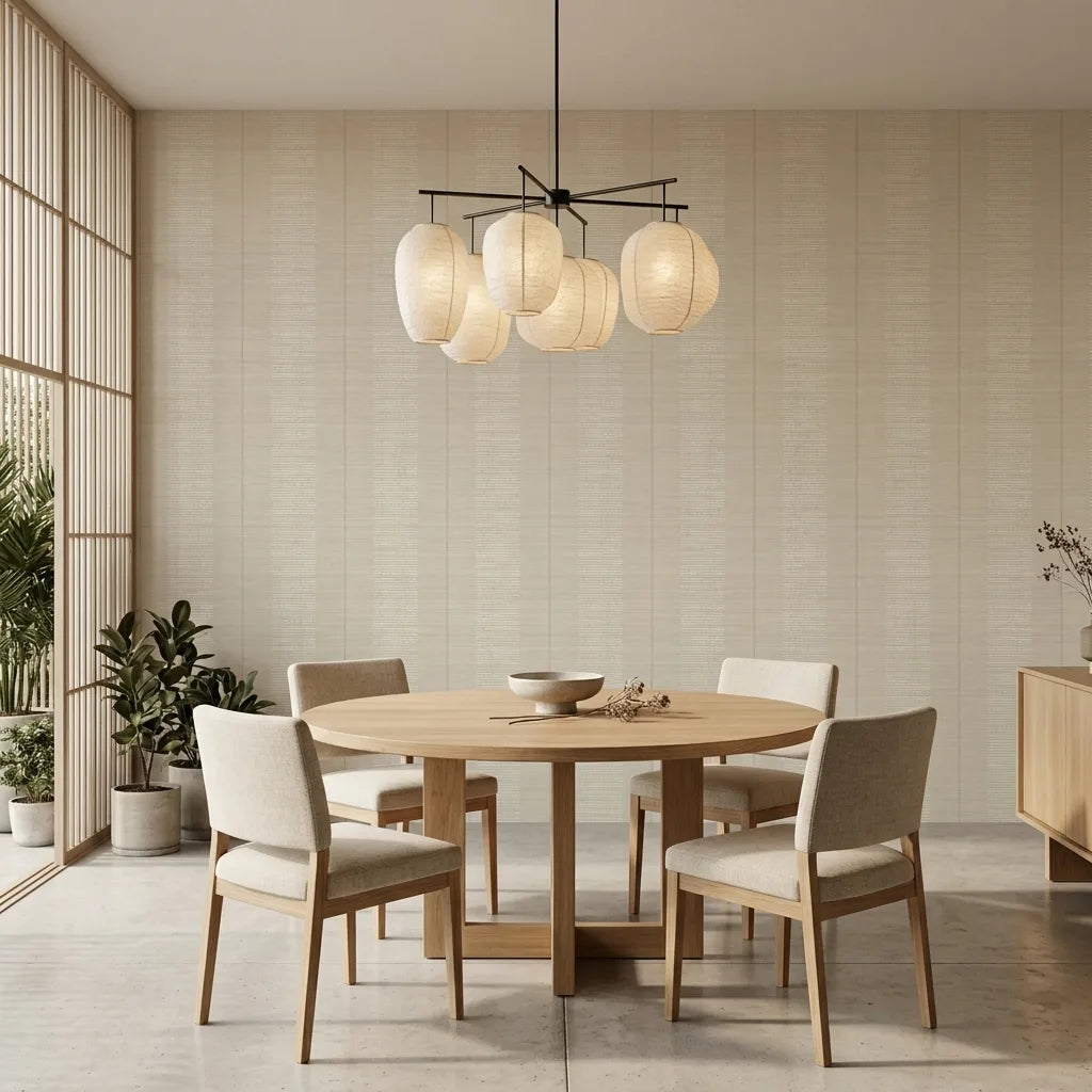 Dining Room - Elegant space featuring York Wallcoverings' Colbert Stripe wallpaper in linen and cream tones.