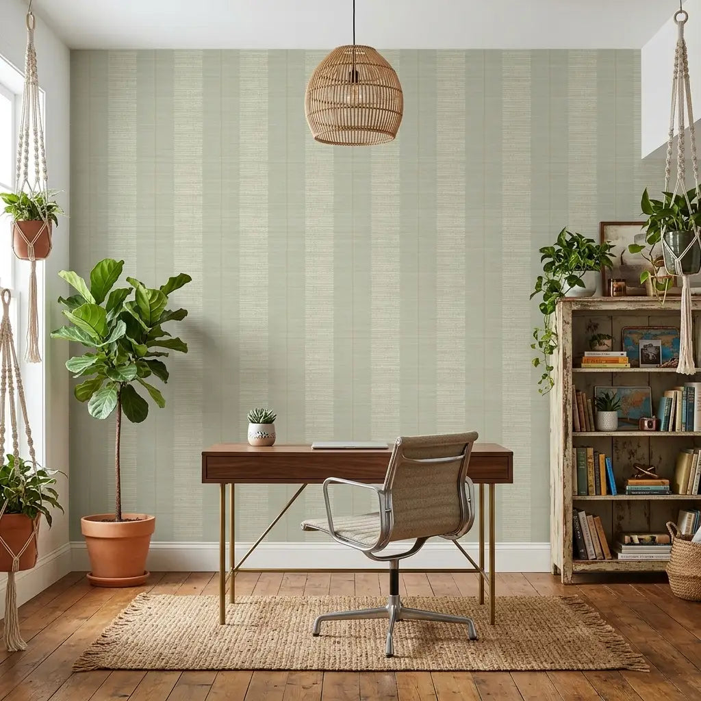 Home Office - Stylish home office featuring York Wallcoverings' Colbert Stripe wallpaper in Sage, Cream, and Gold.
