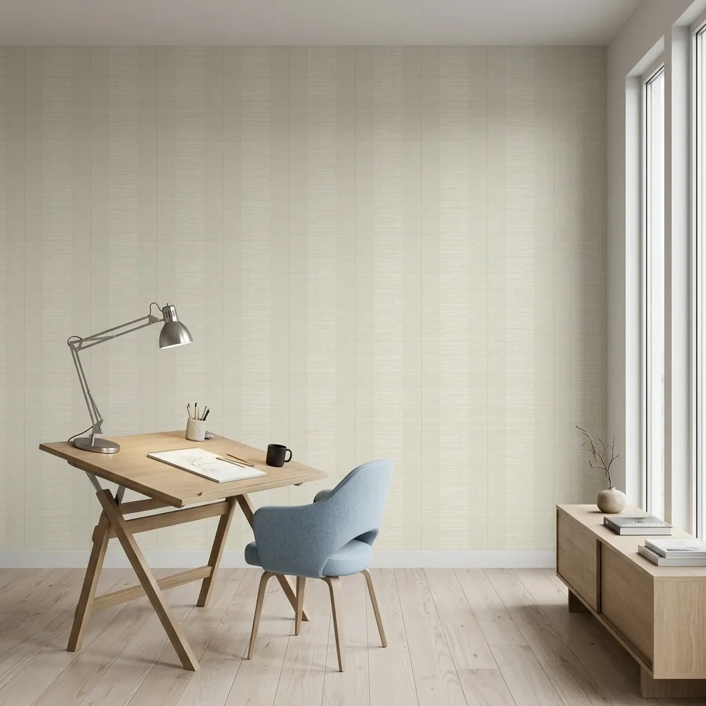Home Office - Modern home office design with sophisticated Colbert Stripe wallpaper in White, Cream from York Wallcoverings.
