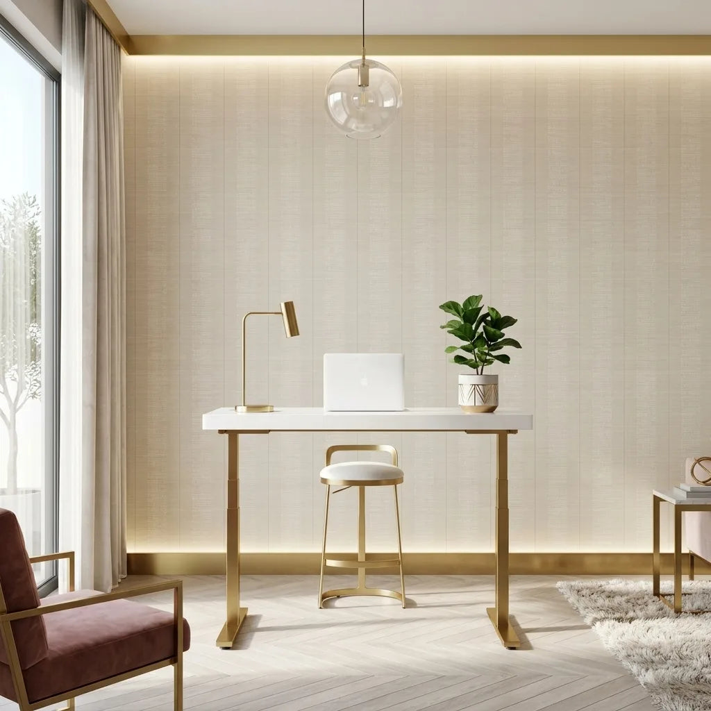 Home Office - Elegant workspace with Colbert Stripe wallpaper in Linen, Cream by York Wallcoverings, creating a stylish and serene atmosphere.