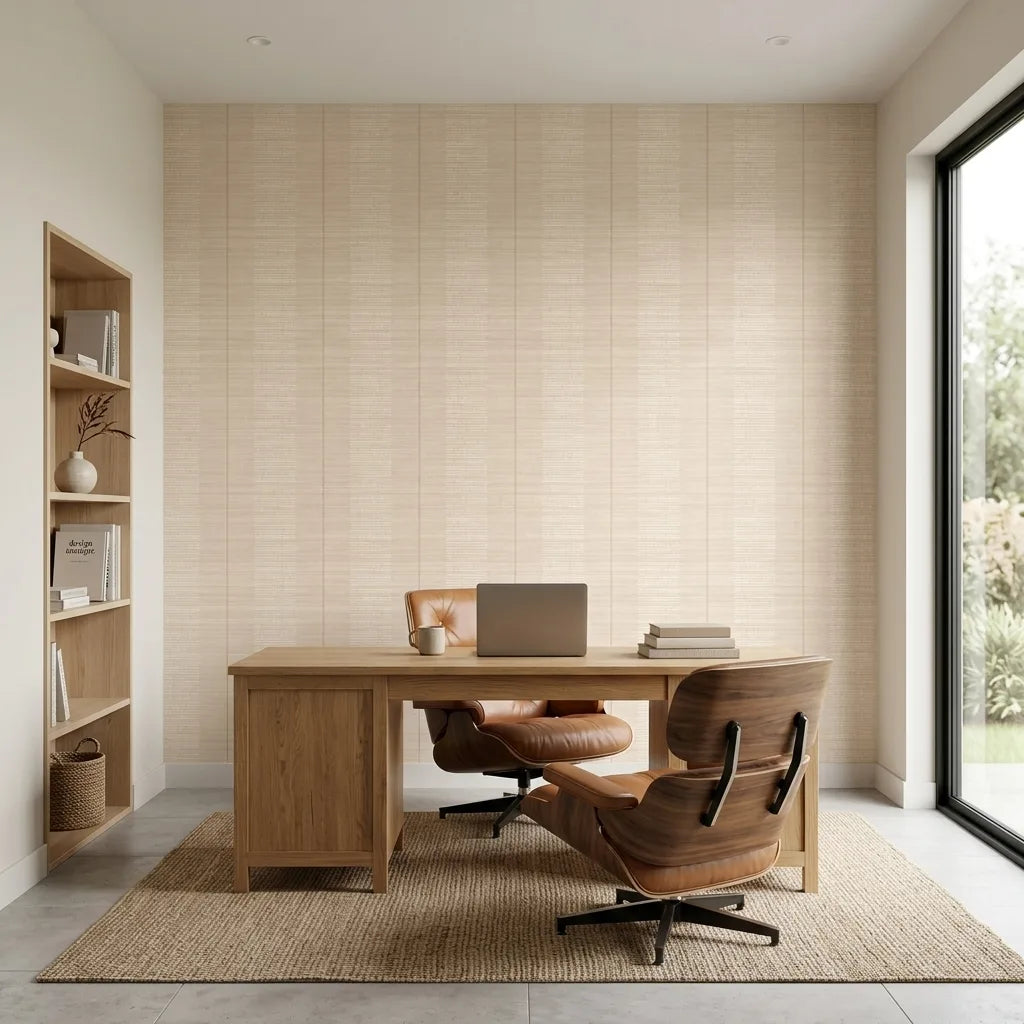 Home Office - Elegant space featuring York Wallcoverings' Colbert Stripe wallpaper in Tan, Cream, and Gold for a sophisticated feel.