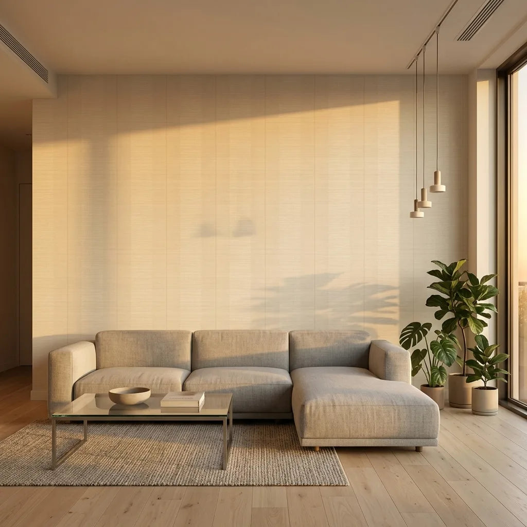 Living Room - Cream, White Colbert Stripe wallpaper by York Wallcoverings enhances this stylish living room's decor.