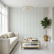 Living Room - Modern living room with elegant Colbert Stripe wallpaper in Mint, Cream by York Wallcoverings.
