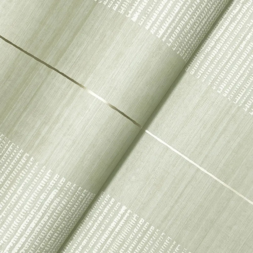 Close-up texture of York Wallcoverings' Colbert Stripe wallpaper in Sage/Cream/Gold.