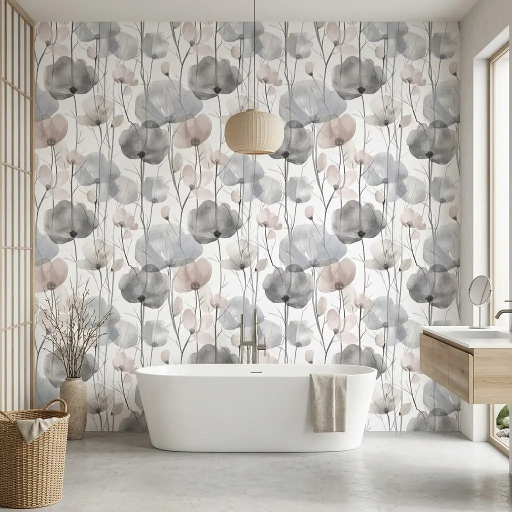 Bathroom - Elegant bathroom featuring "Cotswolds Poppies" wallpaper in Grey, Blue, Blush by York Wallcoverings.