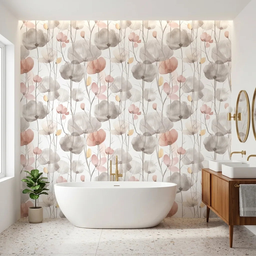 Bathroom - Elegant bathroom featuring "Cotswolds Poppies" wallpaper in soft Taupe and Blush by York Wallcoverings.