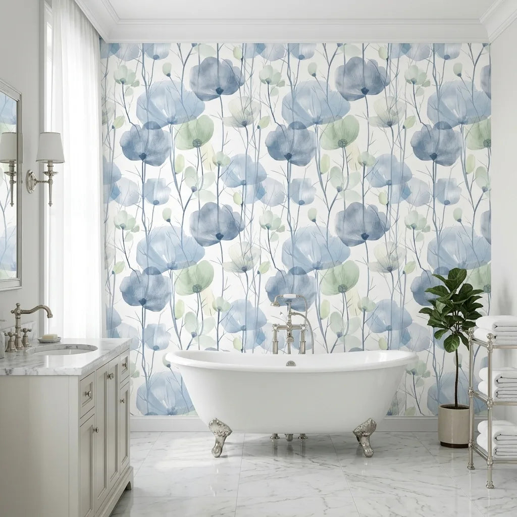 Bathroom - Elegant bathroom features 'Cotswolds Poppies' wallpaper in blue and green by York Wallcoverings, adding a sophisticated floral touch.