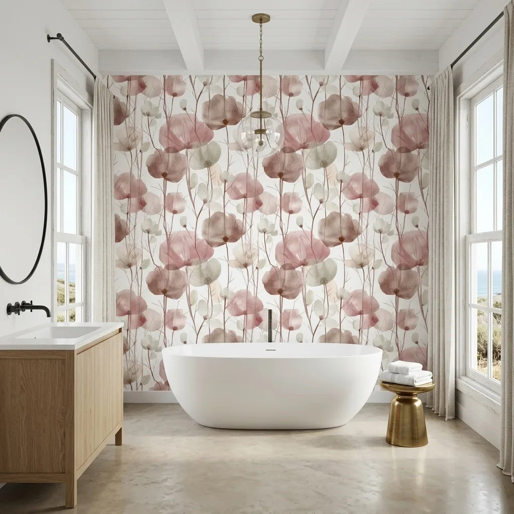 Bathroom - Stylish bathroom featuring "Cotswolds Poppies" wallpaper in Blush Pink Taupe by York Wallcoverings.