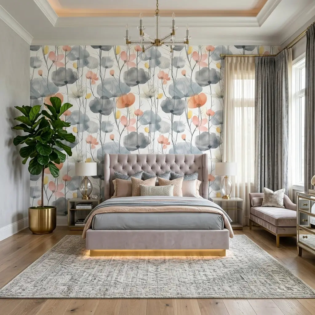 Bedroom - Elegant room featuring "Cotswolds Poppies" wallpaper in Grey and Peach by York Wallcoverings, creating a serene floral design.