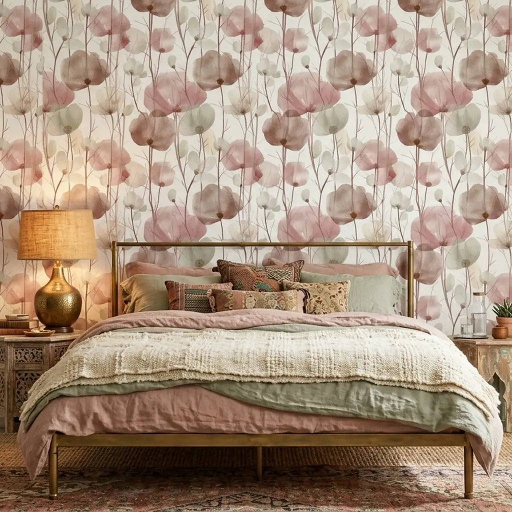 Bedroom - Elegant room with York Wallcoverings' Cotswolds Poppies wallpaper in rose and greige, creating a serene floral retreat.