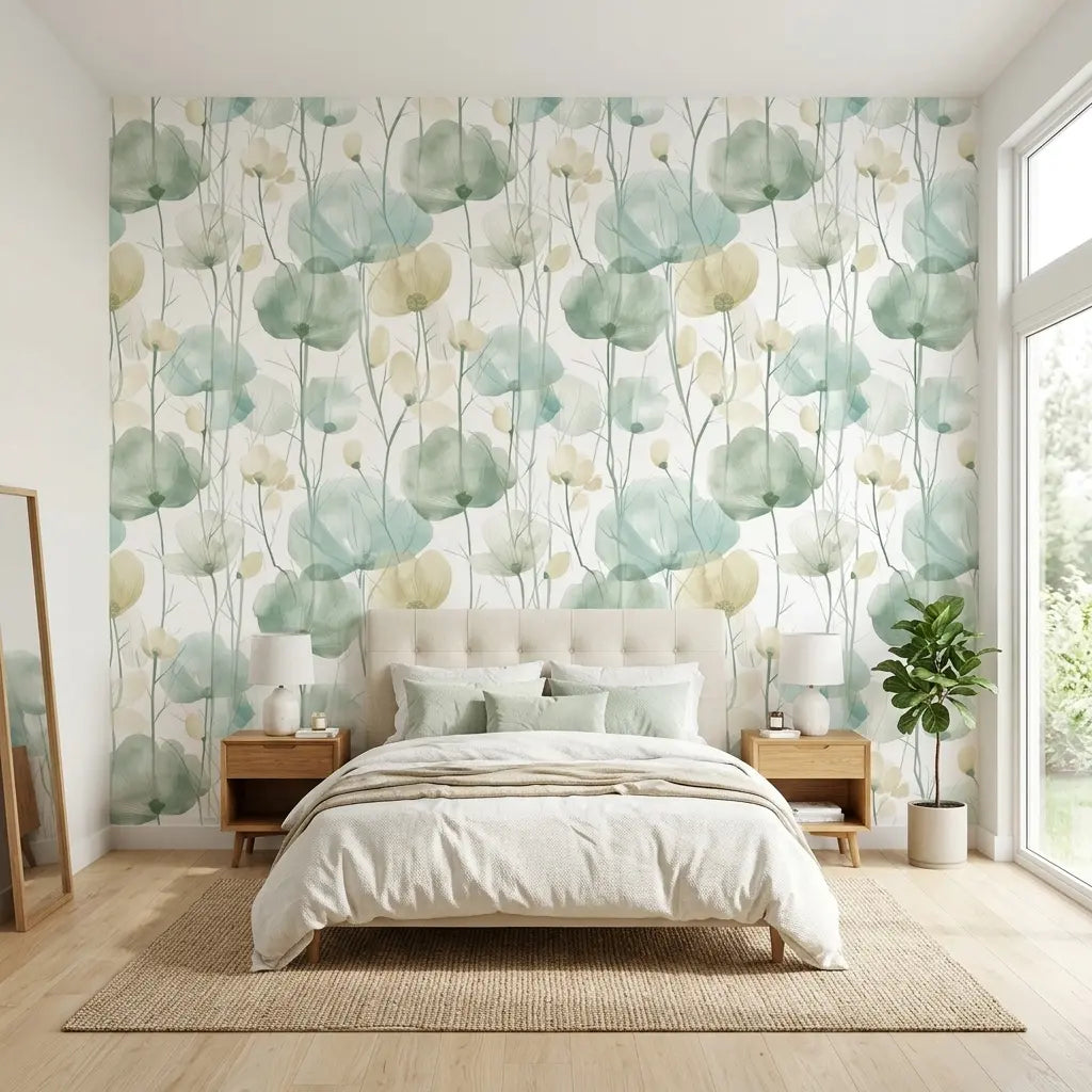 Bedroom - Elegant bedroom with "Cotswolds Poppies" wallpaper by York Wallcoverings in Sage Green & Ivory, creating a serene floral retreat.