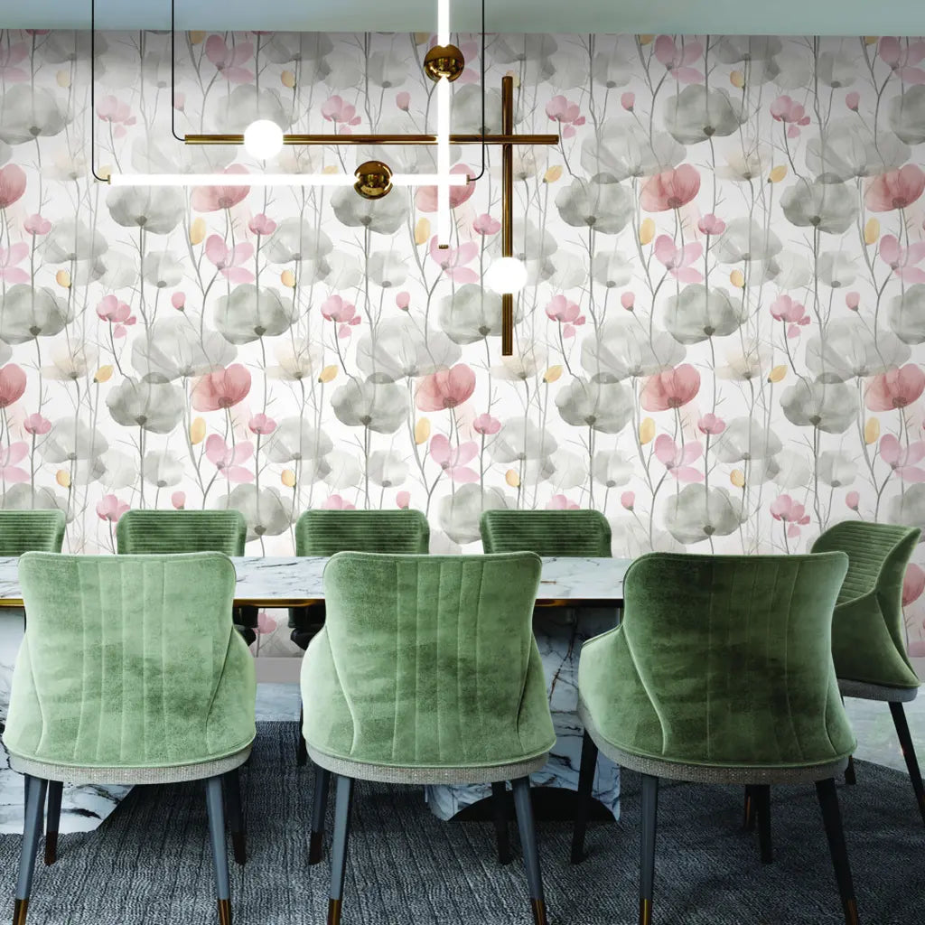 Dining room with elegant "Cotswolds Poppies" wallpaper in Taupe and Blush by York Wallcoverings.