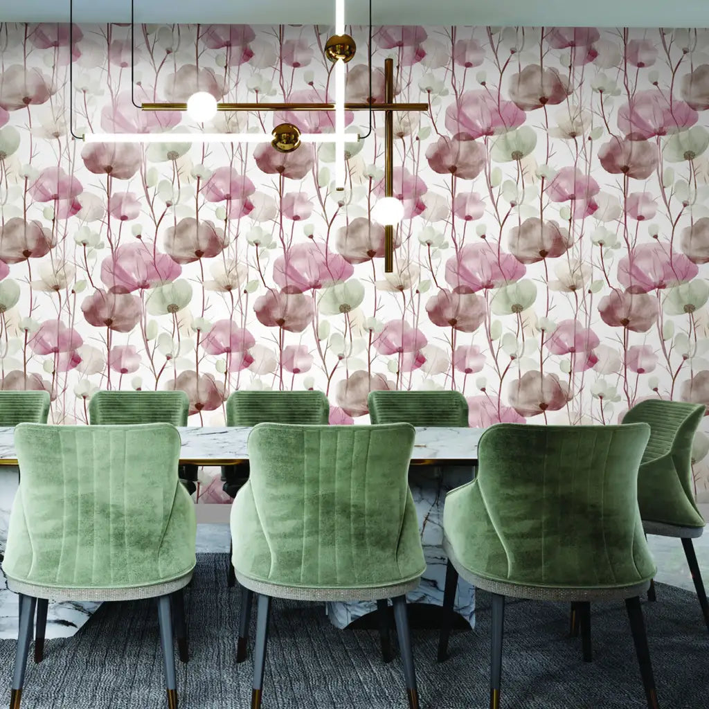 Dining room showcasing elegant Cotswolds Poppies wallpaper in Rose and Greige by York Wallcoverings.